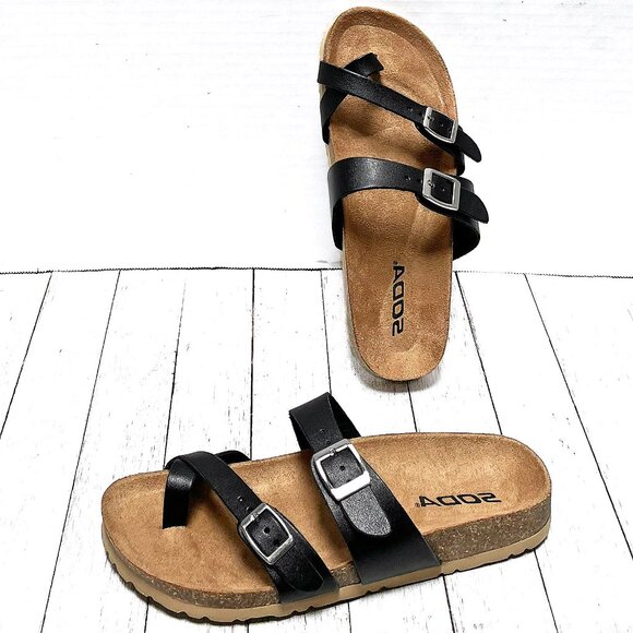 New Womens Black Comfy Toe Loop Strappy Cork Slip On Sandals Slides - Picture 1 of 5
